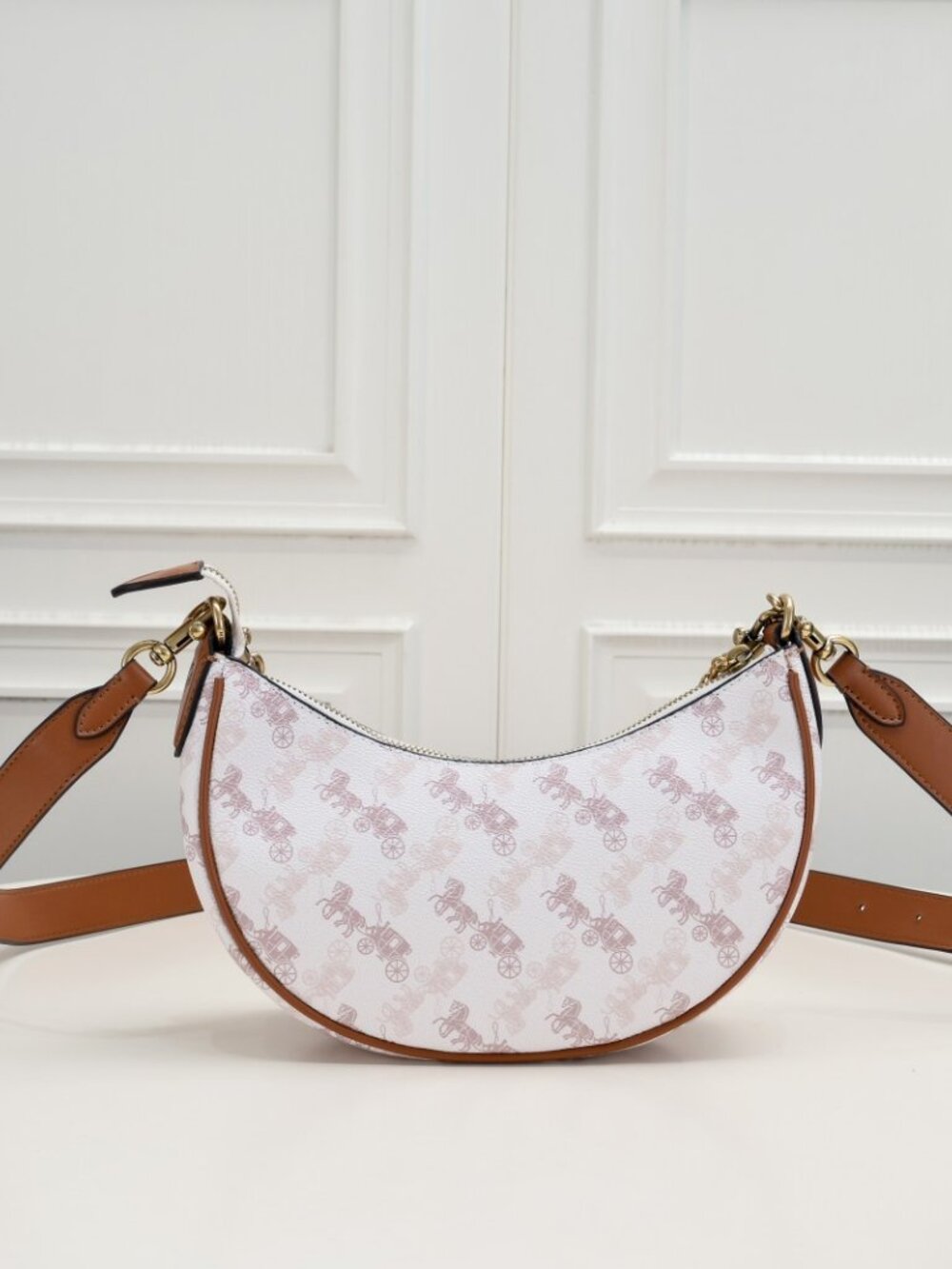 Coach Mira Horse & Carriage Print Crescent Bag with Chain - White/Brown - Picture 3 of 7